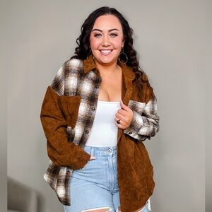 Only worn in try on- Flannel jacketed brown and whiter with corduroy design.